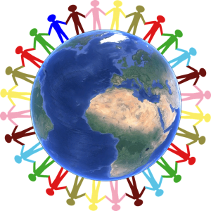 Graphic of earth with people holding hands around it