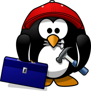 Graphic of penguin carry hammer and toolbox