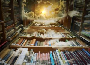 Photo of bookshelf with clouds